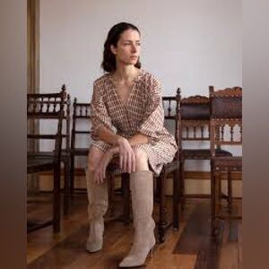 ERICA TANOV Brown White 100% Silk Dress 3 L M XL Flowy Boho Luxury Designer